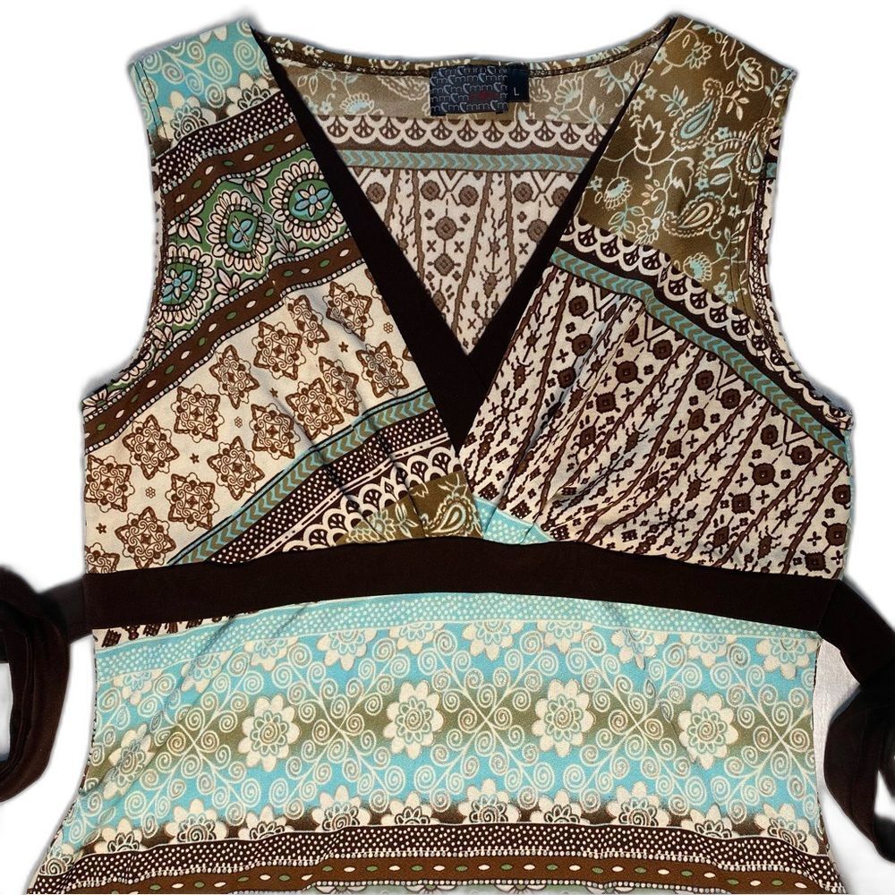 MCM Sleeveless Babydoll Women L Belted V-Neck Blouse Tank Top Y2K Brown Teal